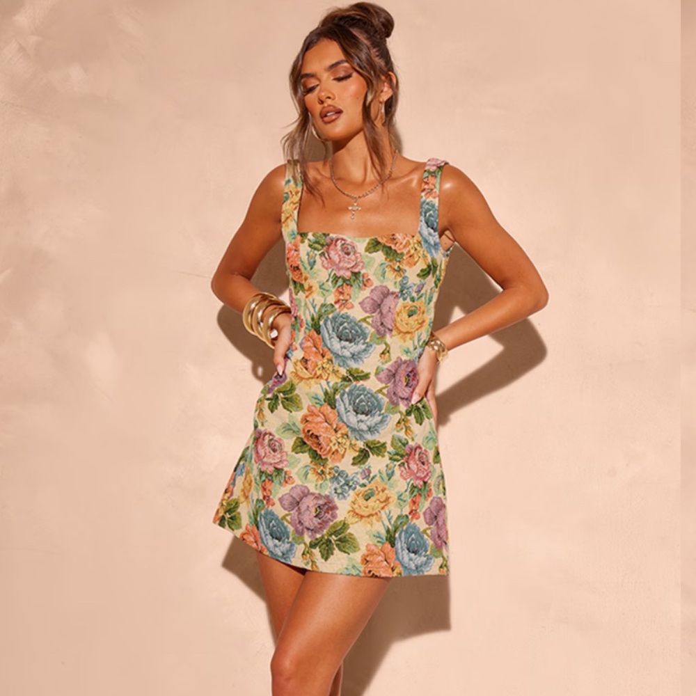 PrettyLittleThing Multicolor Floral Mini Dress (stone floral twill bodycon)